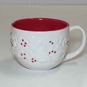 2008 Starbucks Christmas 12oz Coffee Mug White Red 'embossed' dove and holly